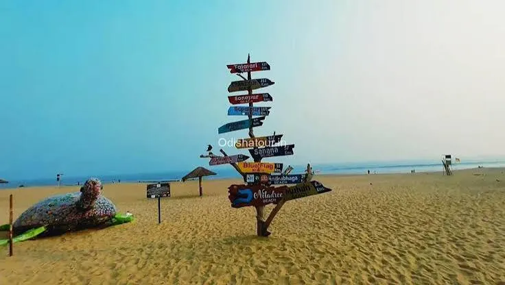 The beach’s directional signpost, with a turtle sculpture nearby